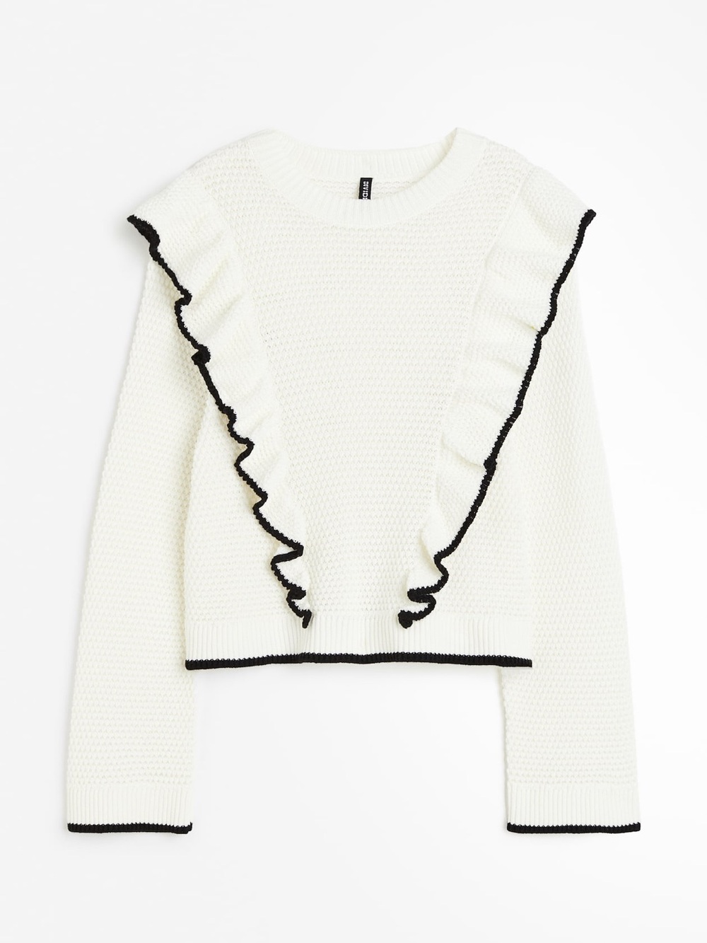 H&M White Knit Sweater with Black Ruffle Trim